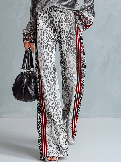 Chic Casual Striped Trim Grey Leopard-print Wide-leg Pants