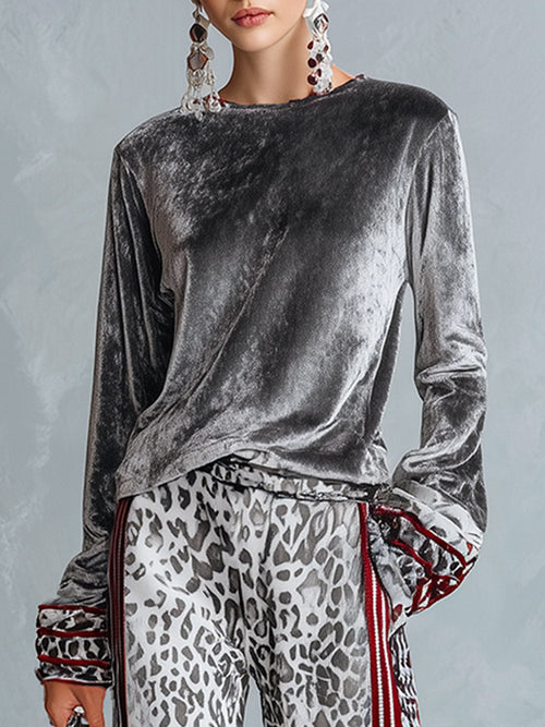 Chic Casual Leopard-print Trim Grey Velvet Long-sleeve T-shirt