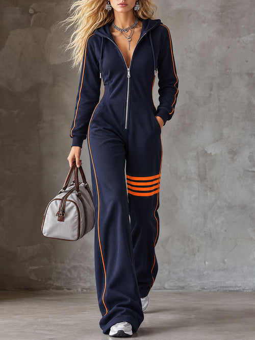 Sporty Retro Color-blocked Navy Blue Cotton Long-sleeved Hooded Jumpsuit
