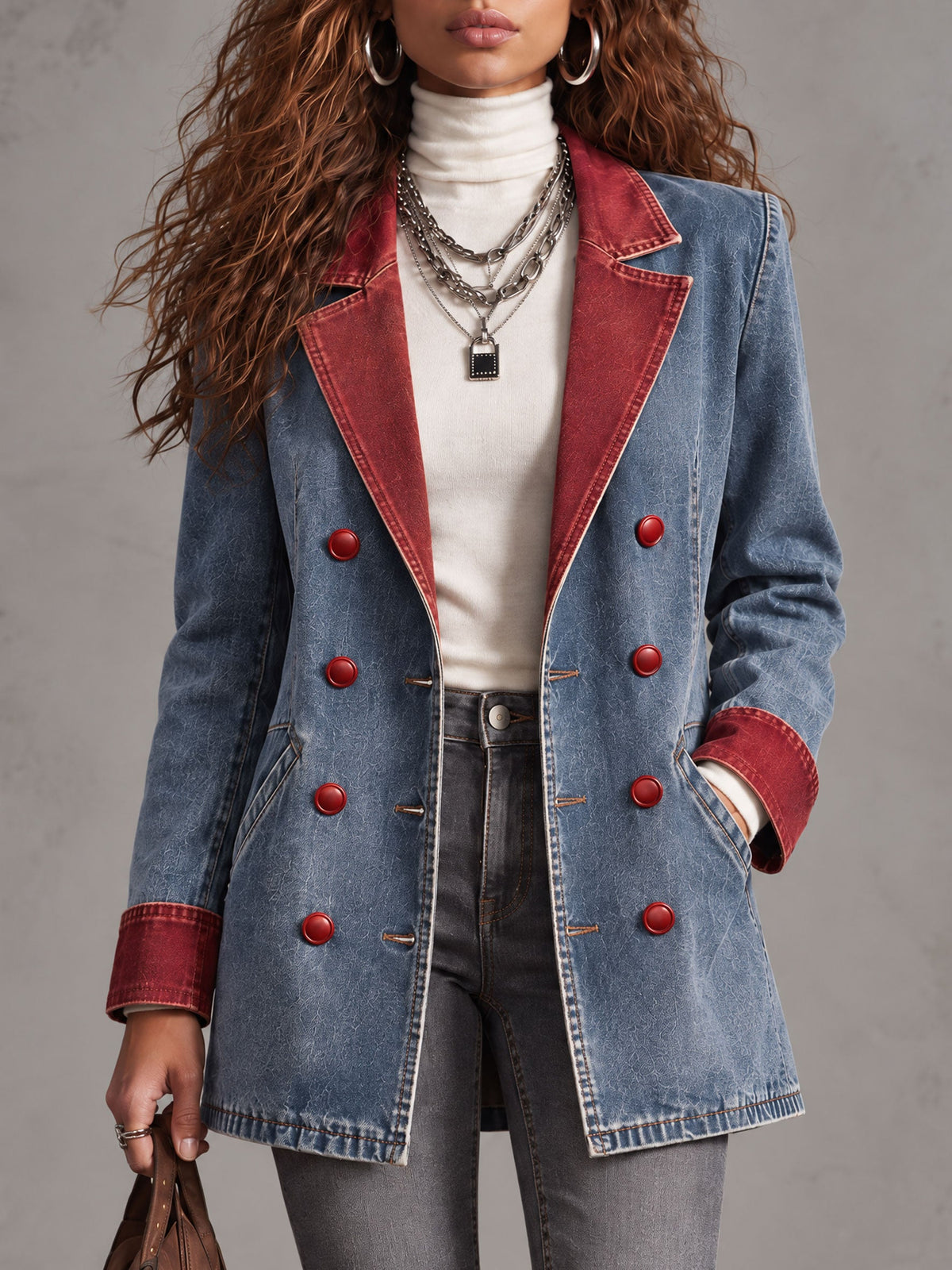 Women's Retro Red and Blue Double-Breasted Denim Blazer