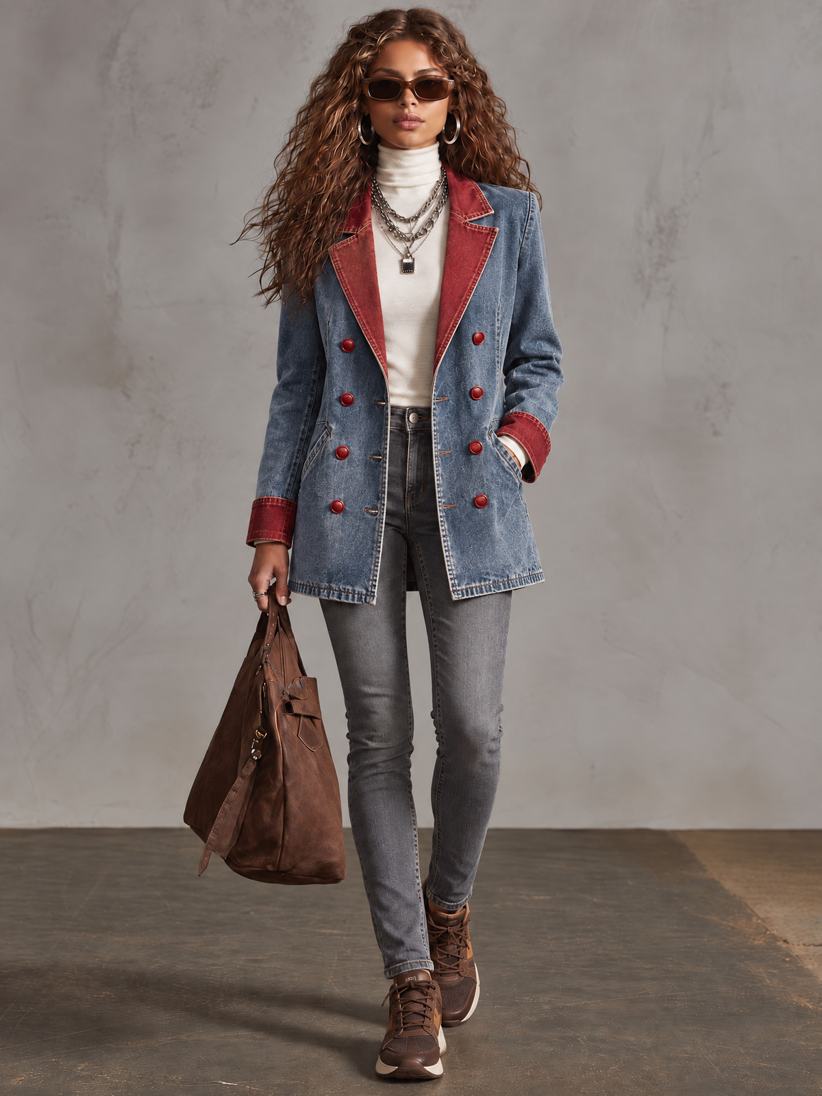 Women's Retro Red and Blue Double-Breasted Denim Blazer