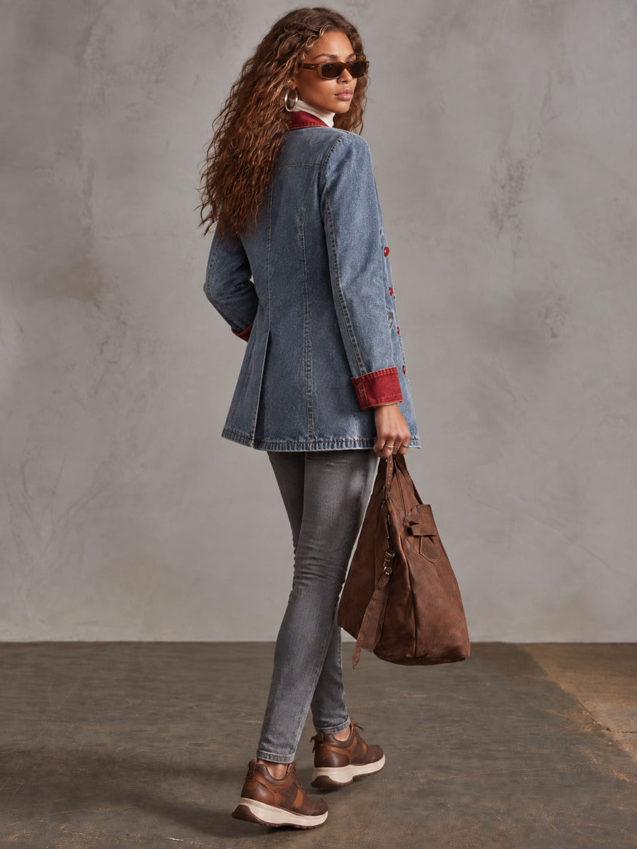 Women's Retro Red and Blue Double-Breasted Denim Blazer