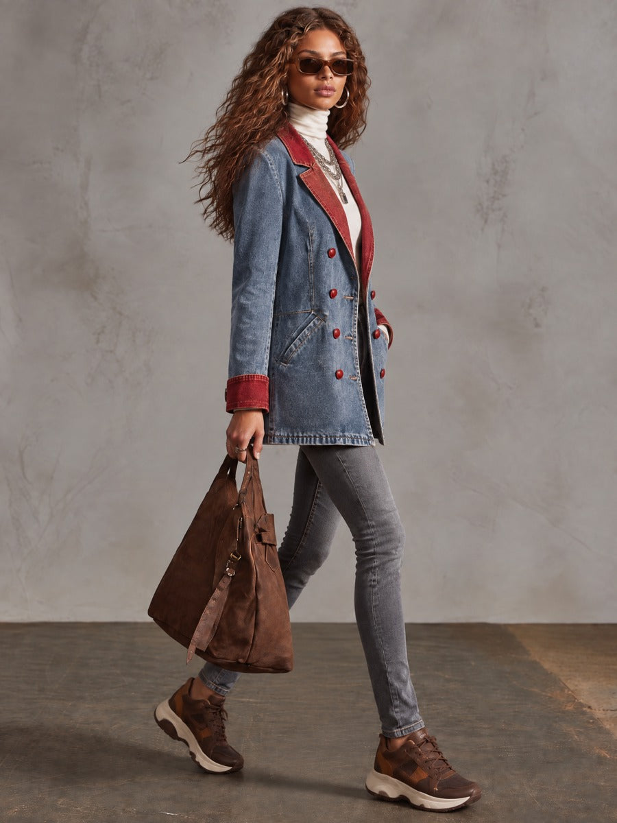 Women's Retro Red and Blue Double-Breasted Denim Blazer