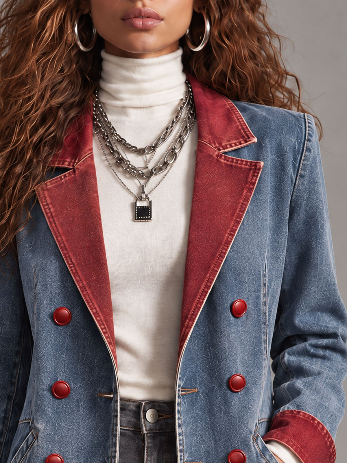 Women's Retro Red and Blue Double-Breasted Denim Blazer