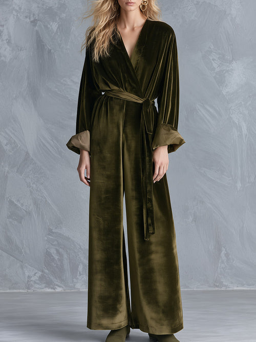 Velvet Wrap V-Neck Belted Wide-Leg Jumpsuit