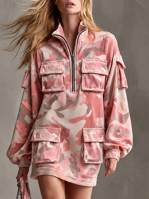 Casual Retro Pink Camouflage Multi-pocket Velvet Mini Dress