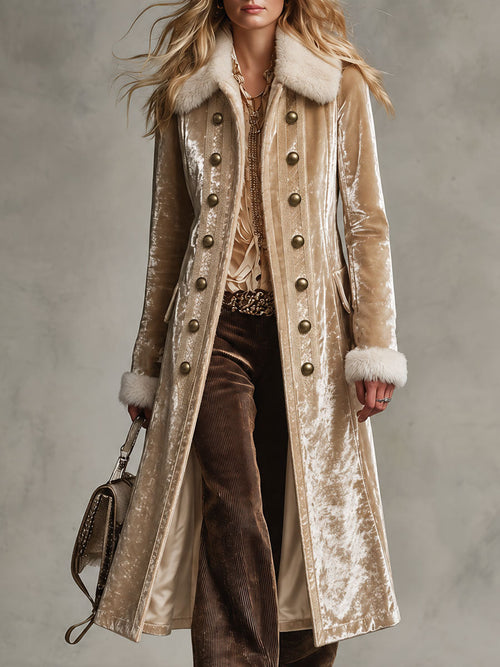 Retro Elegant Champagne Velvet Faux Fur-Trimmed Double-Breasted Long Coat