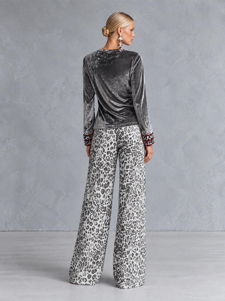 Chic Casual Leopard-print Trim Grey Velvet Long-sleeve T-shirt