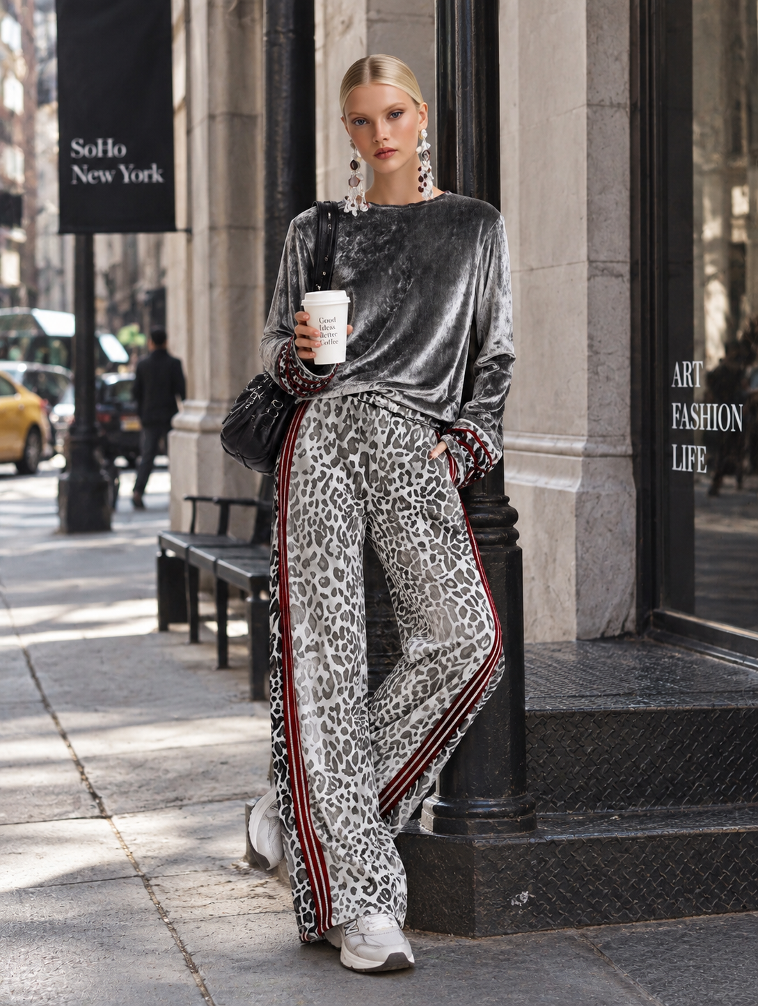 Chic Casual Leopard-print Trim Grey Velvet Long-sleeve T-shirt