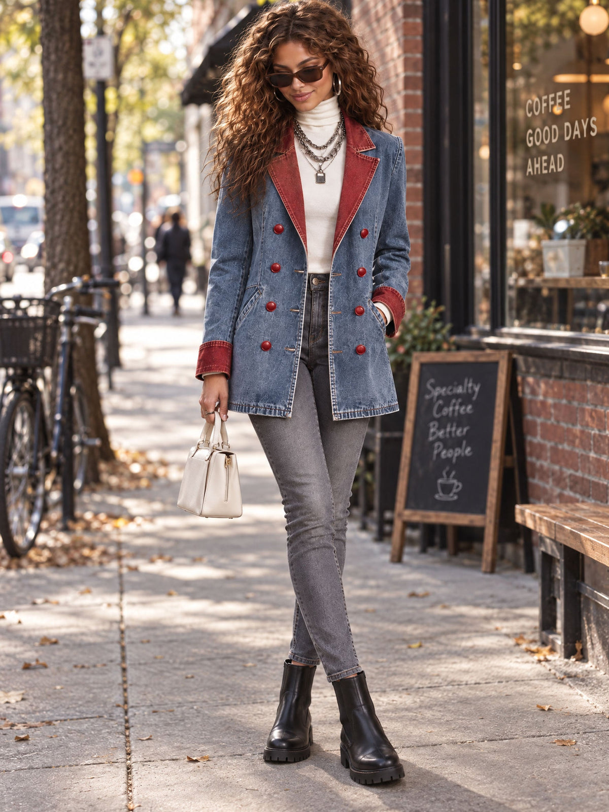 Women's Retro Red and Blue Double-Breasted Denim Blazer