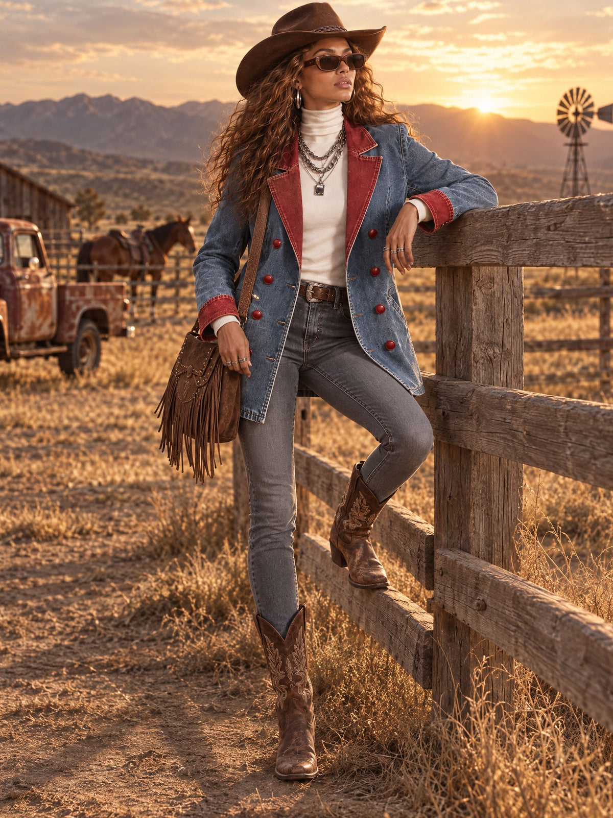 Women's Retro Red and Blue Double-Breasted Denim Blazer