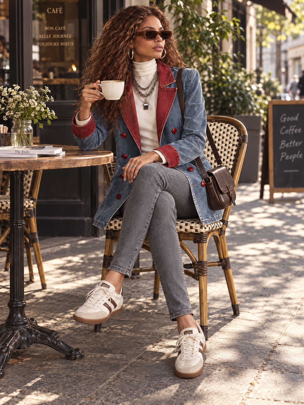 Women's Retro Red and Blue Double-Breasted Denim Blazer