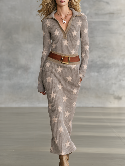 Exquisite And Elegant Western-style Long Knit Dress Featuring A Contrasting-color Star Pattern And A Fold-over Collar