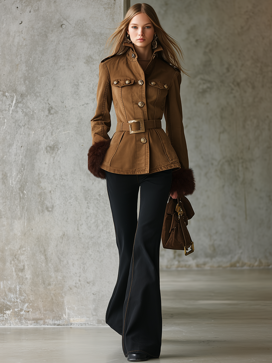 Women’s Khaki Military Jacket With Belt Gold Buttons And Fur Cuffs