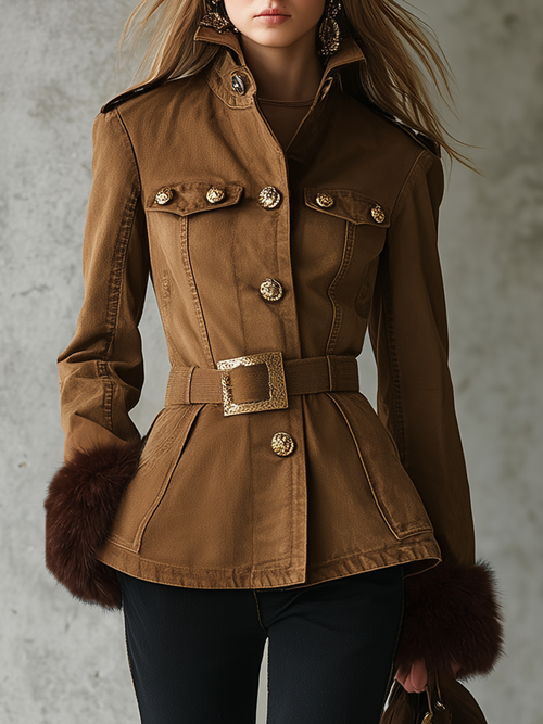 Women’s Khaki Military Jacket With Belt Gold Buttons And Fur Cuffs