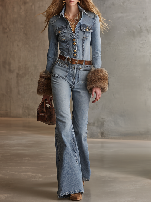 Women’s Denim Jumpsuit With Wide Leg Gold Buttons And Flared Jeans