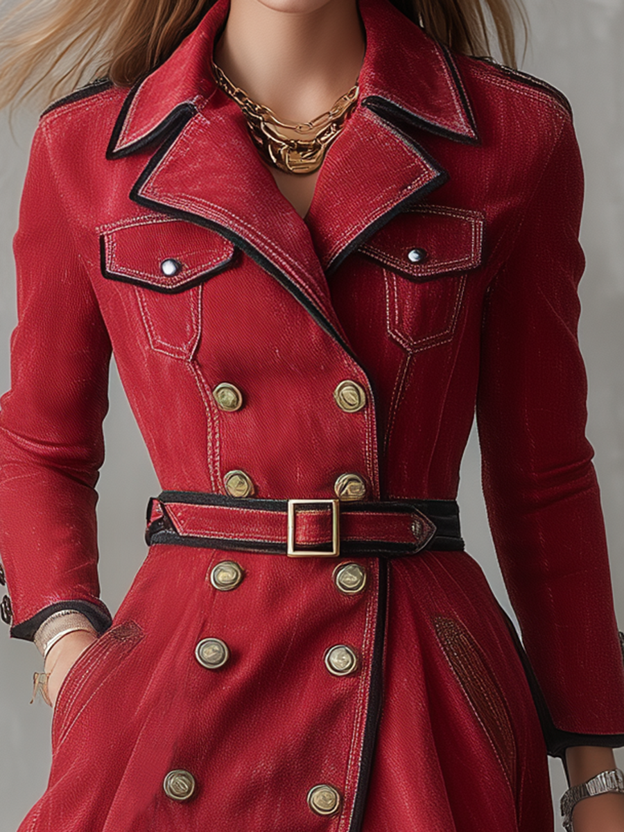 Red Military Trench Coat Double Breasted Belted Long Coat