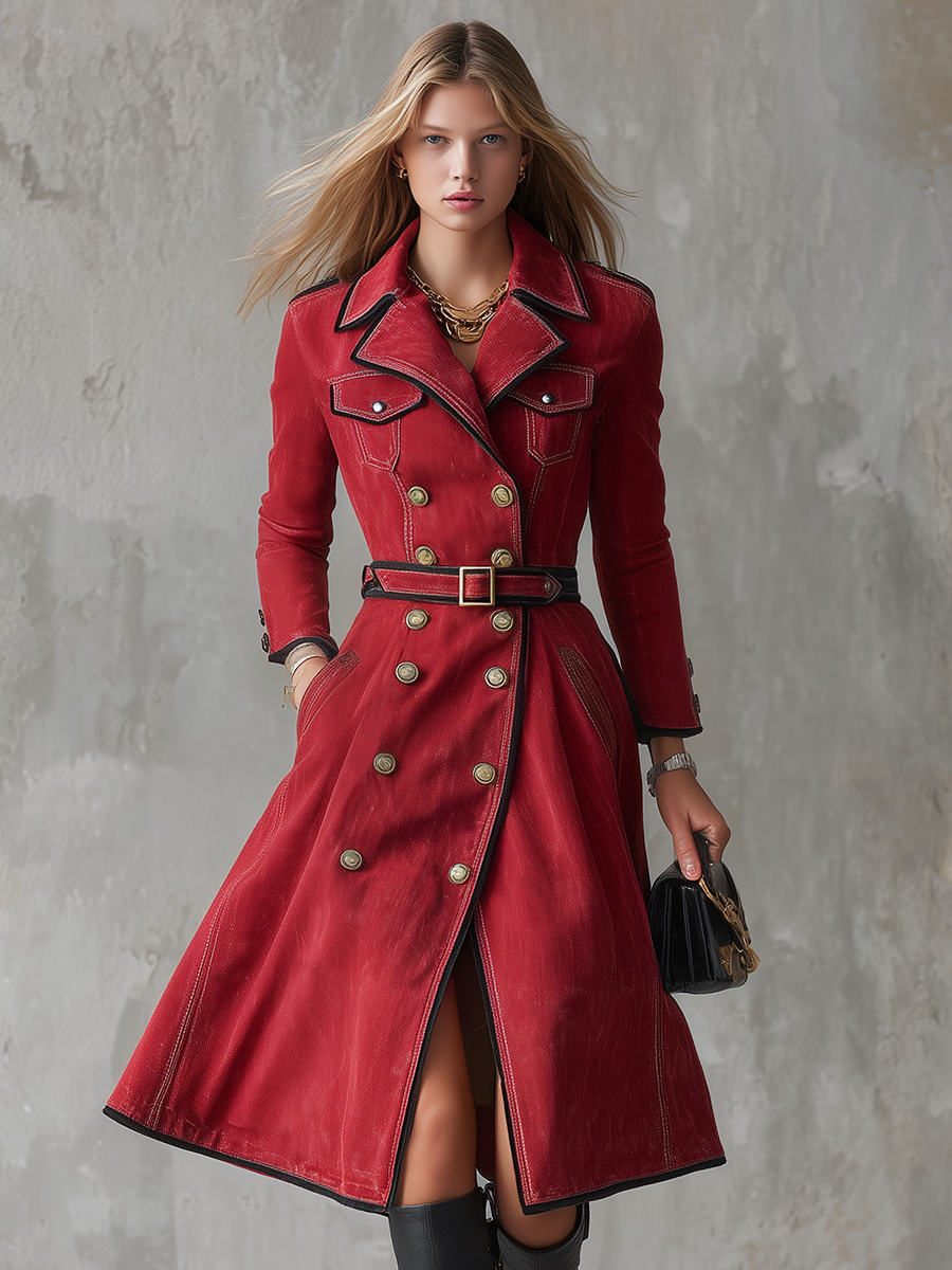 Red Military Trench Coat Double Breasted Belted Long Coat