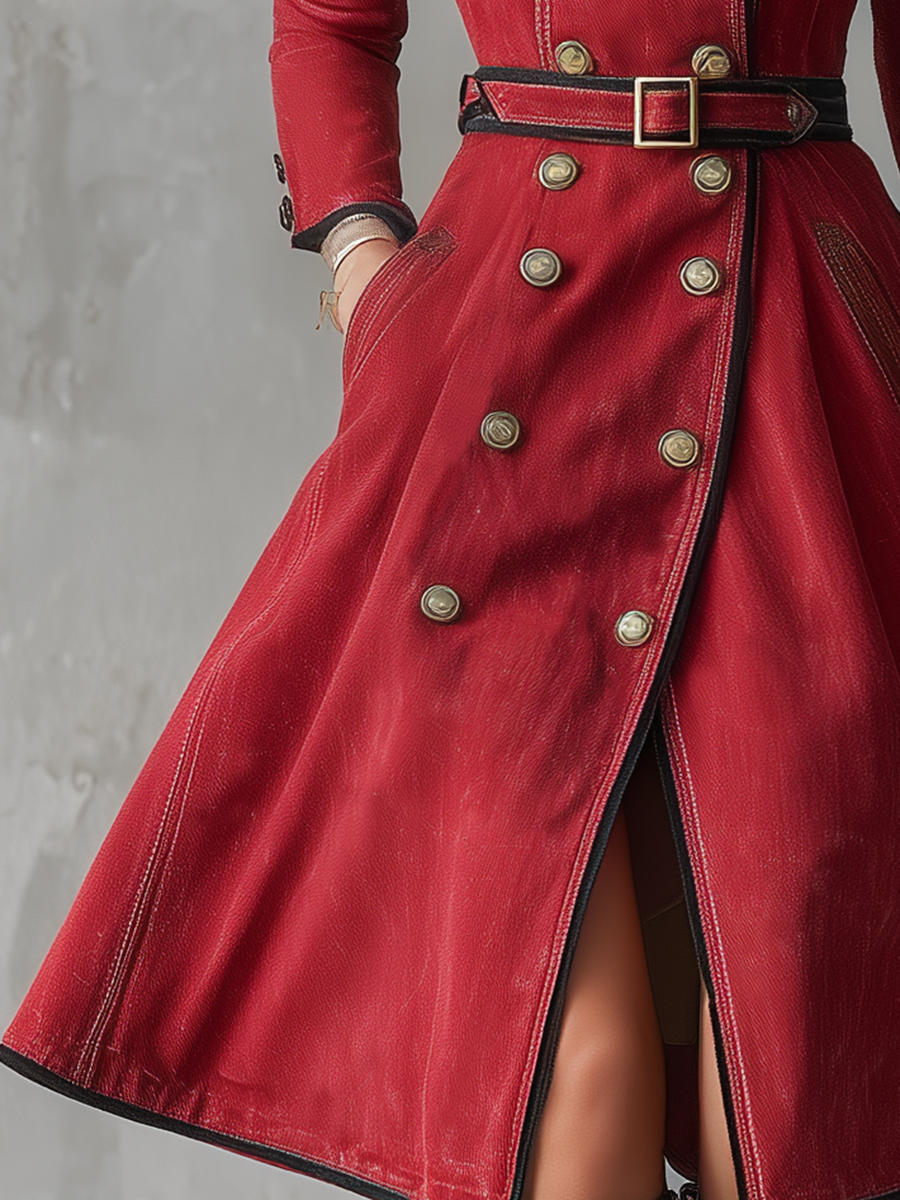Red Military Trench Coat Double Breasted Belted Long Coat