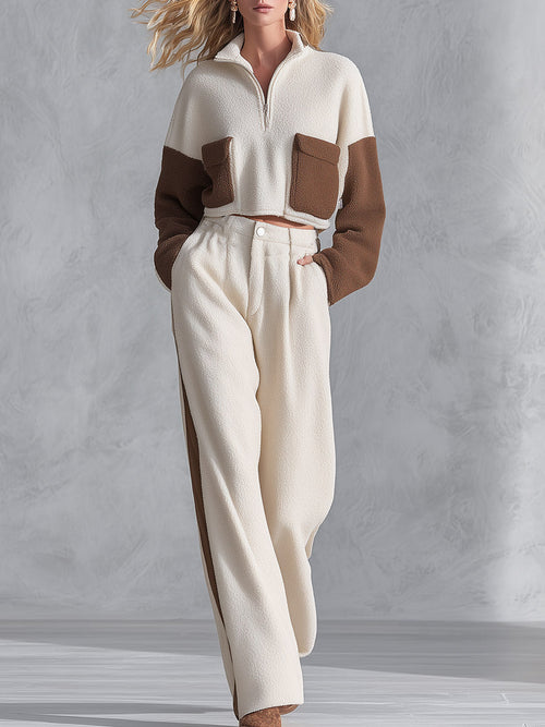 Casual & Warm Beige Color-Block Fleece Top and Wide-Leg Pants Set