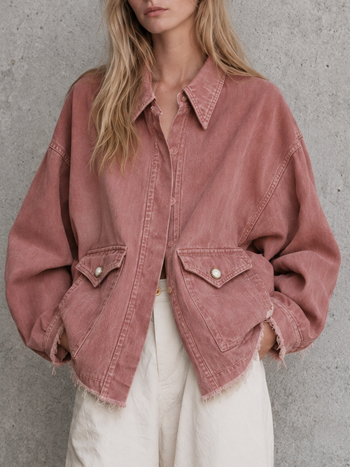 Rose Washed Denim Jacket Oversized Frayed Hem Pocket Coat