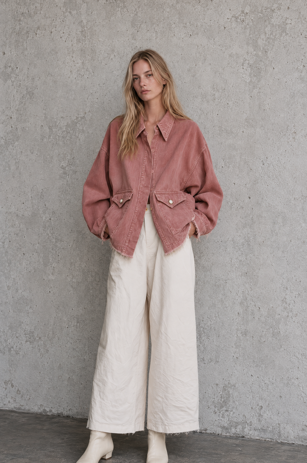 Rose Washed Denim Jacket Oversized Frayed Hem Pocket Coat