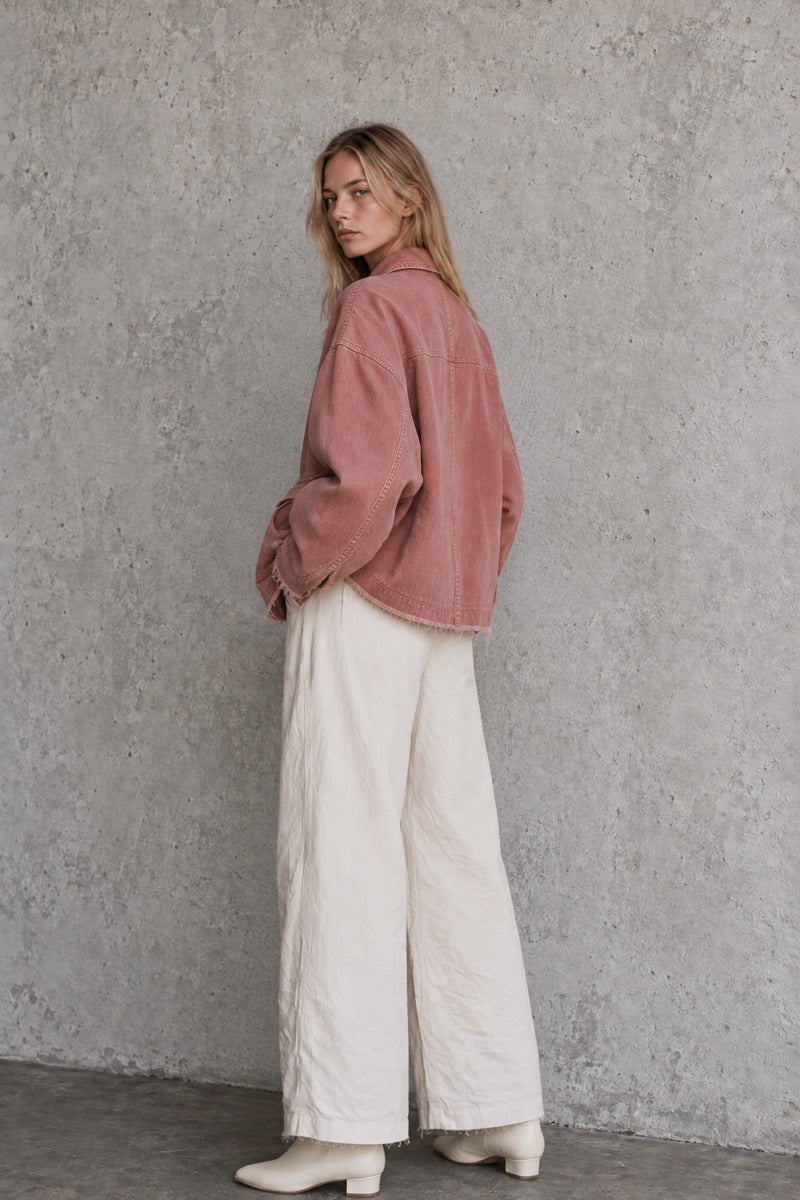 Rose Washed Denim Jacket Oversized Frayed Hem Pocket Coat