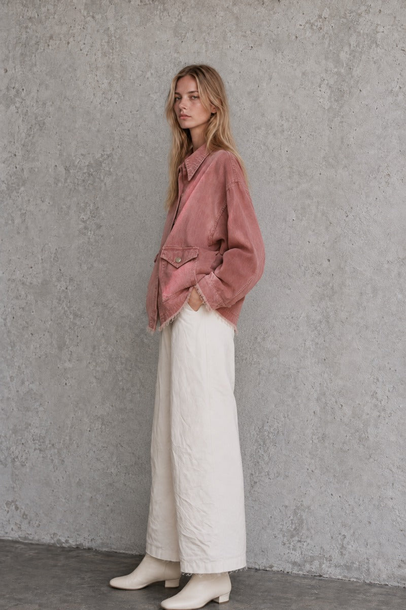 Rose Washed Denim Jacket Oversized Frayed Hem Pocket Coat