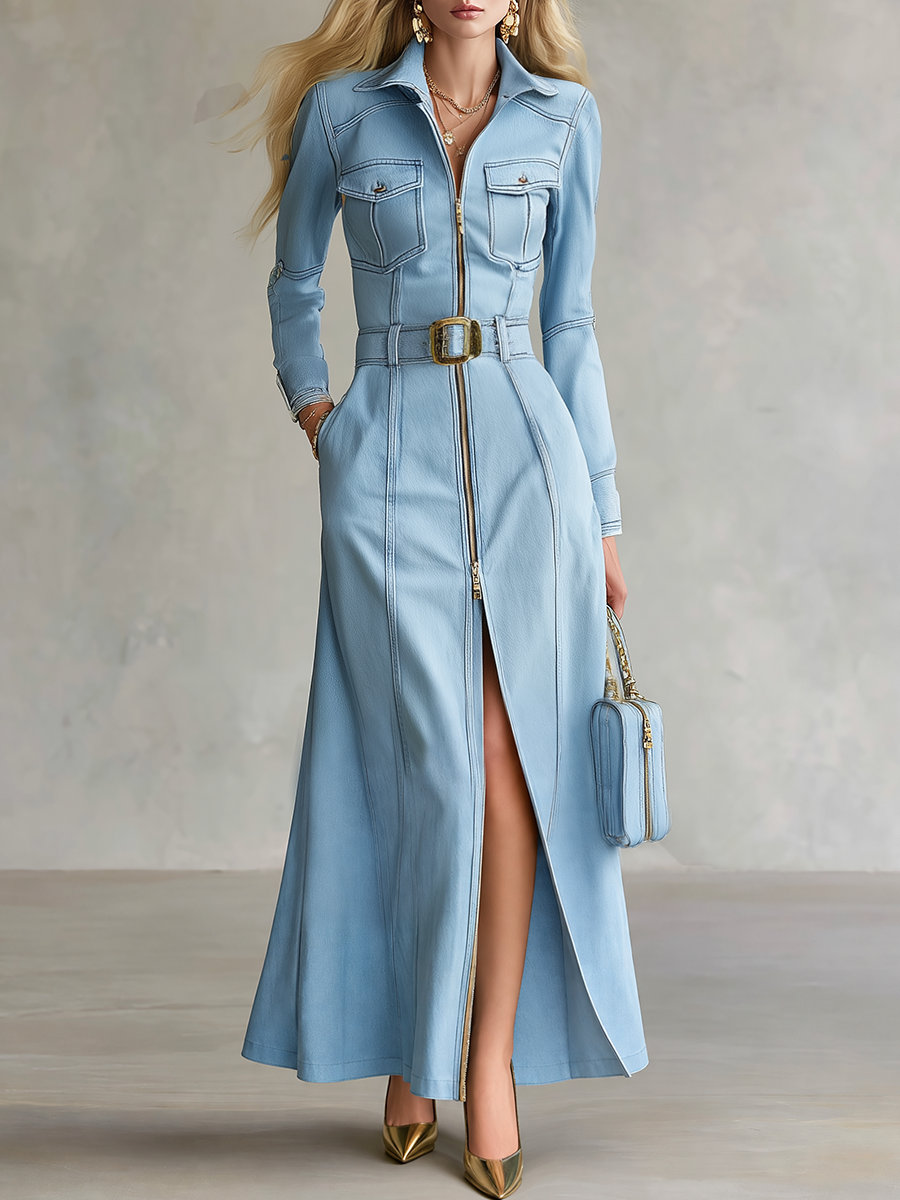 Light Blue Denim Maxi Dress Belted Zip Front Pocket Dress