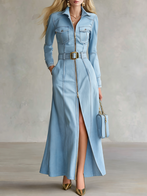 Light Blue Denim Maxi Dress Belted Zip Front Pocket Dress