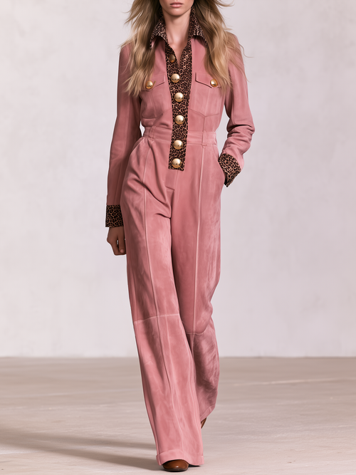 Retro-casual Western-style Leopard Print Faux Suede Jumpsuit