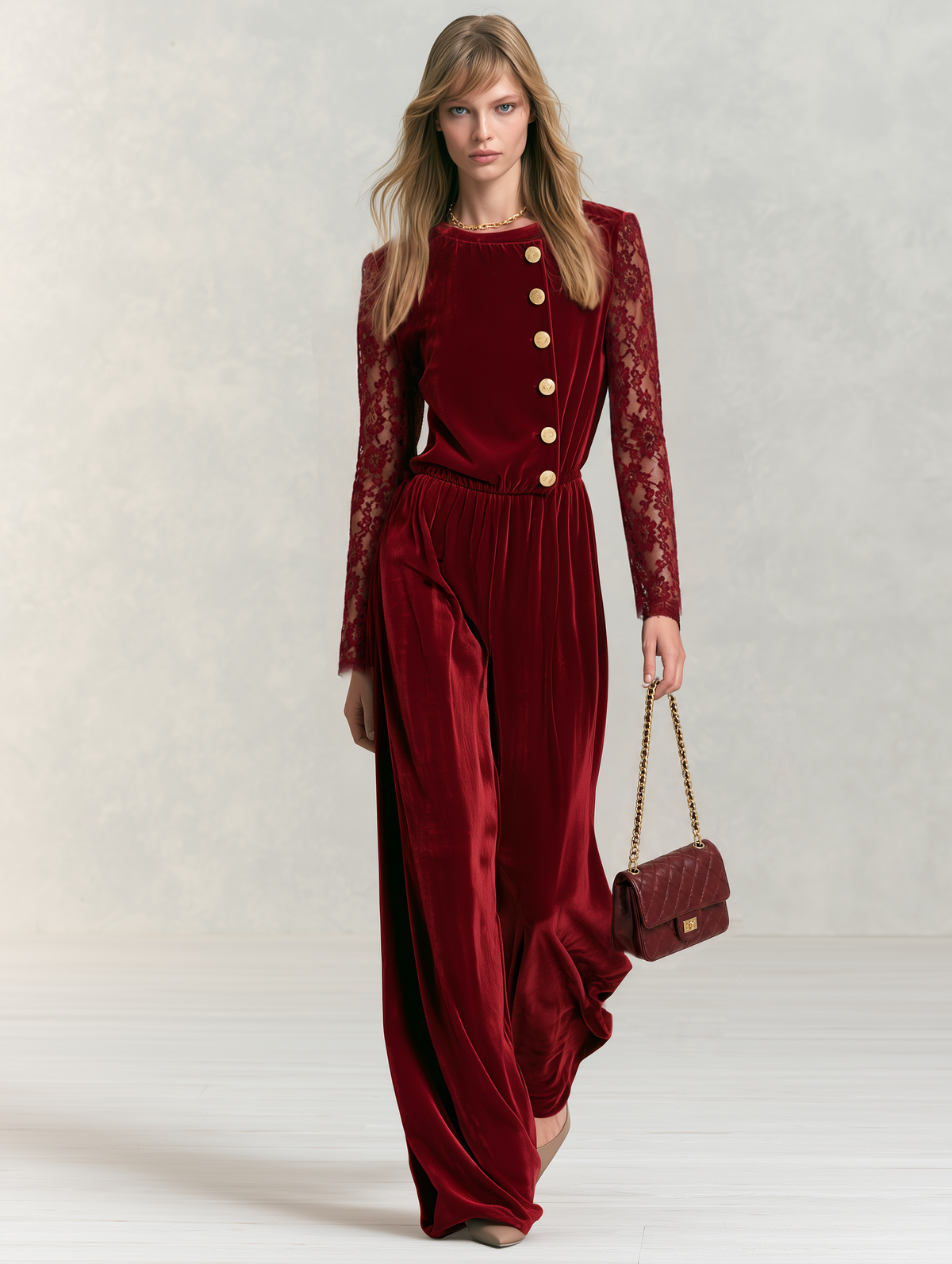 Vintage-style Velvet Jumpsuit With Exquisite Elegant Lace Sleeves