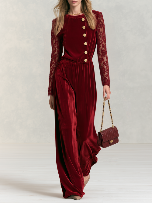 Vintage-style Velvet Jumpsuit With Exquisite Elegant Lace Sleeves