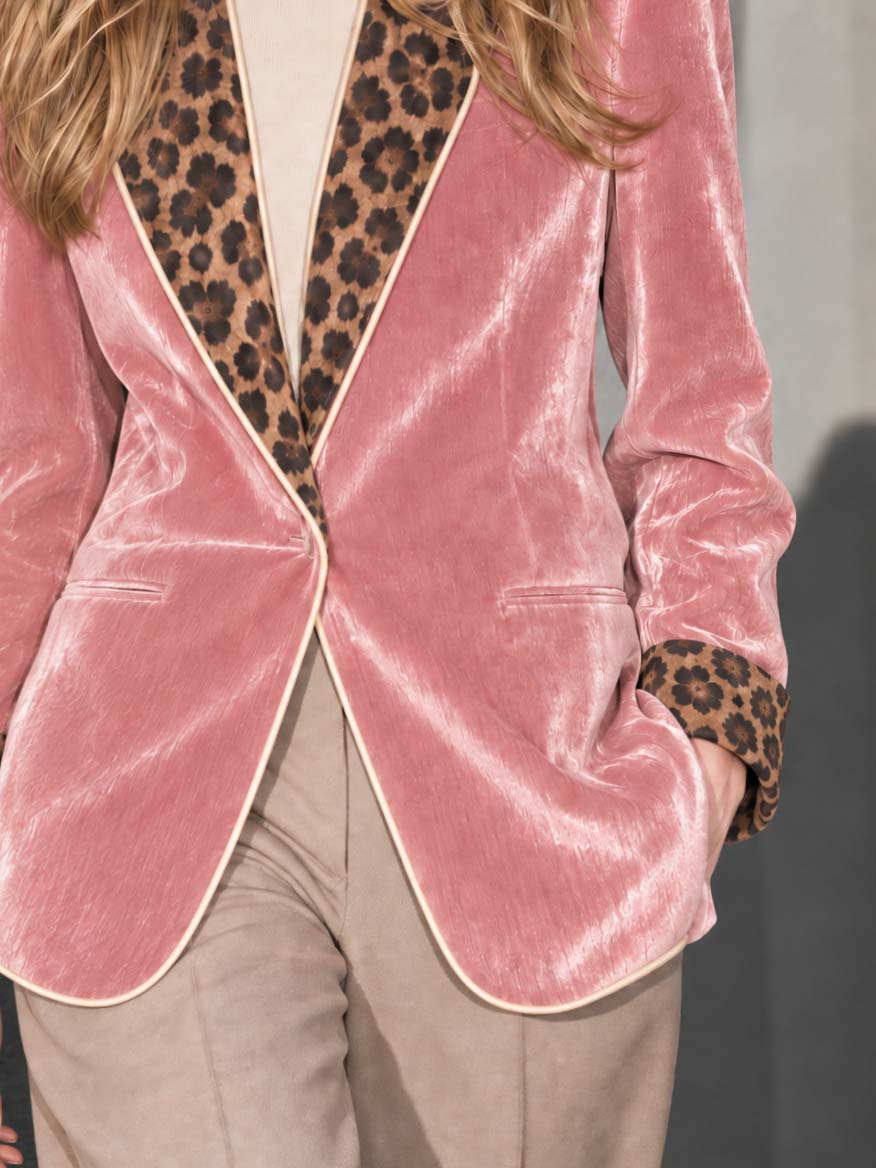 Vintage Pink Velvet Blazer With Leopard Print Lapel One Button Women's Jacket