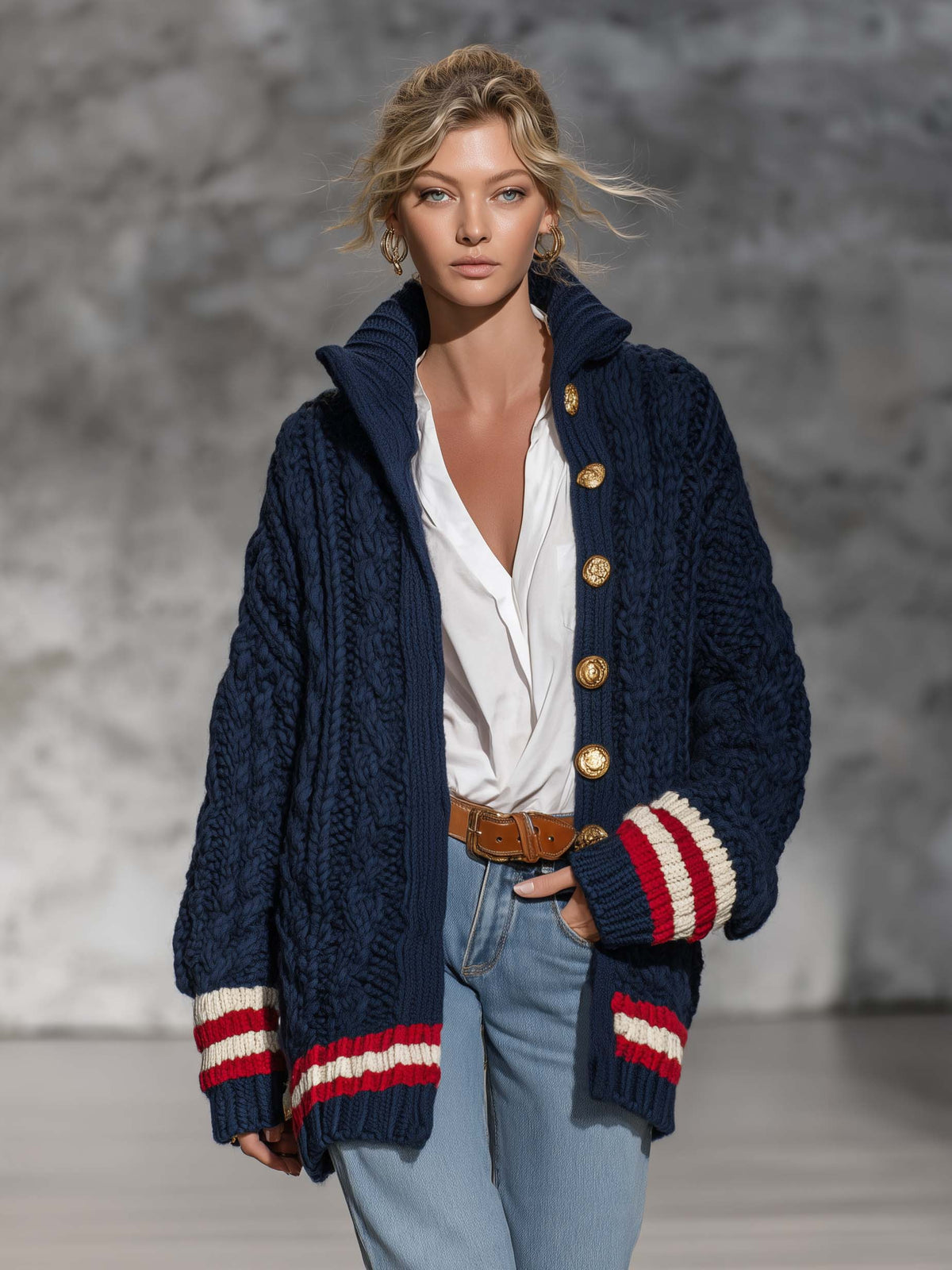 Preppy Chic Women's Navy Chunky Cable Knit Cardigan Gold Button Striped Trim