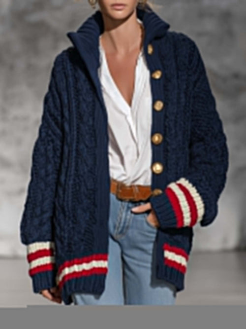 Preppy Chic Women's Navy Chunky Cable Knit Cardigan Gold Button Striped Trim