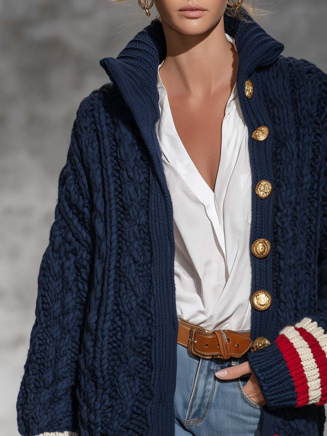 Preppy Chic Women's Navy Chunky Cable Knit Cardigan Gold Button Striped Trim