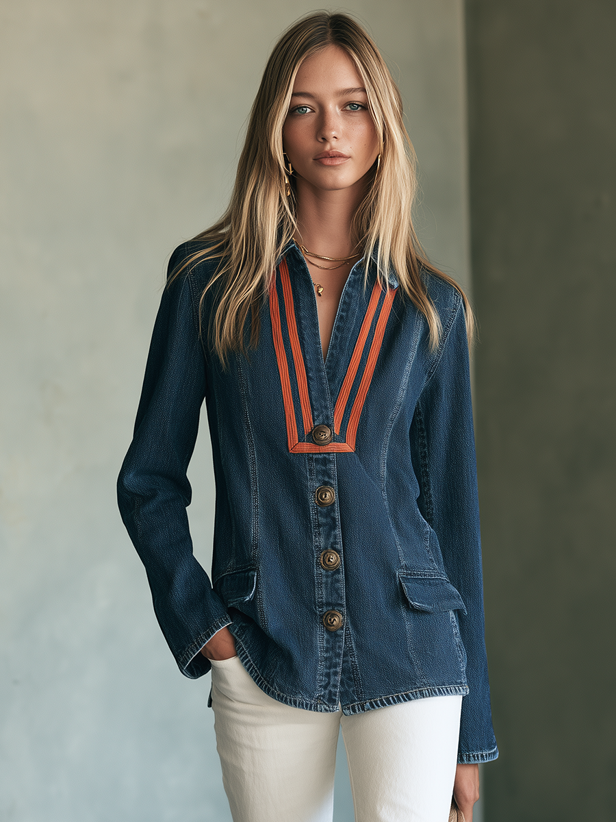 Navy Knit Cardigan Jacket V Neck Button Front Contrast Trim
