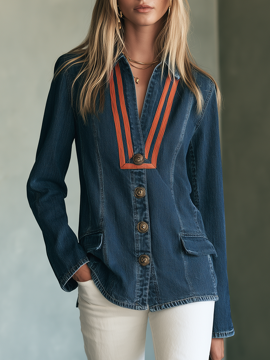 Navy Knit Cardigan Jacket V Neck Button Front Contrast Trim