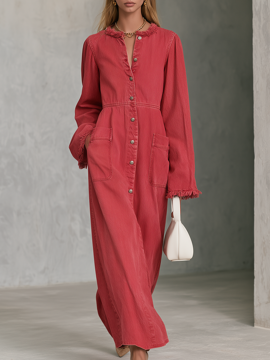 Coral Linen Maxi Shirt Dress Button Front Pocket Long Dress