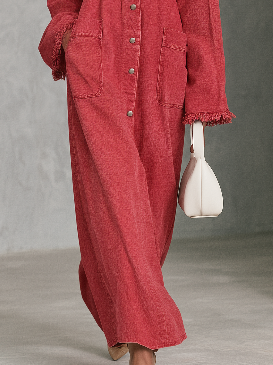 Coral Linen Maxi Shirt Dress Button Front Pocket Long Dress