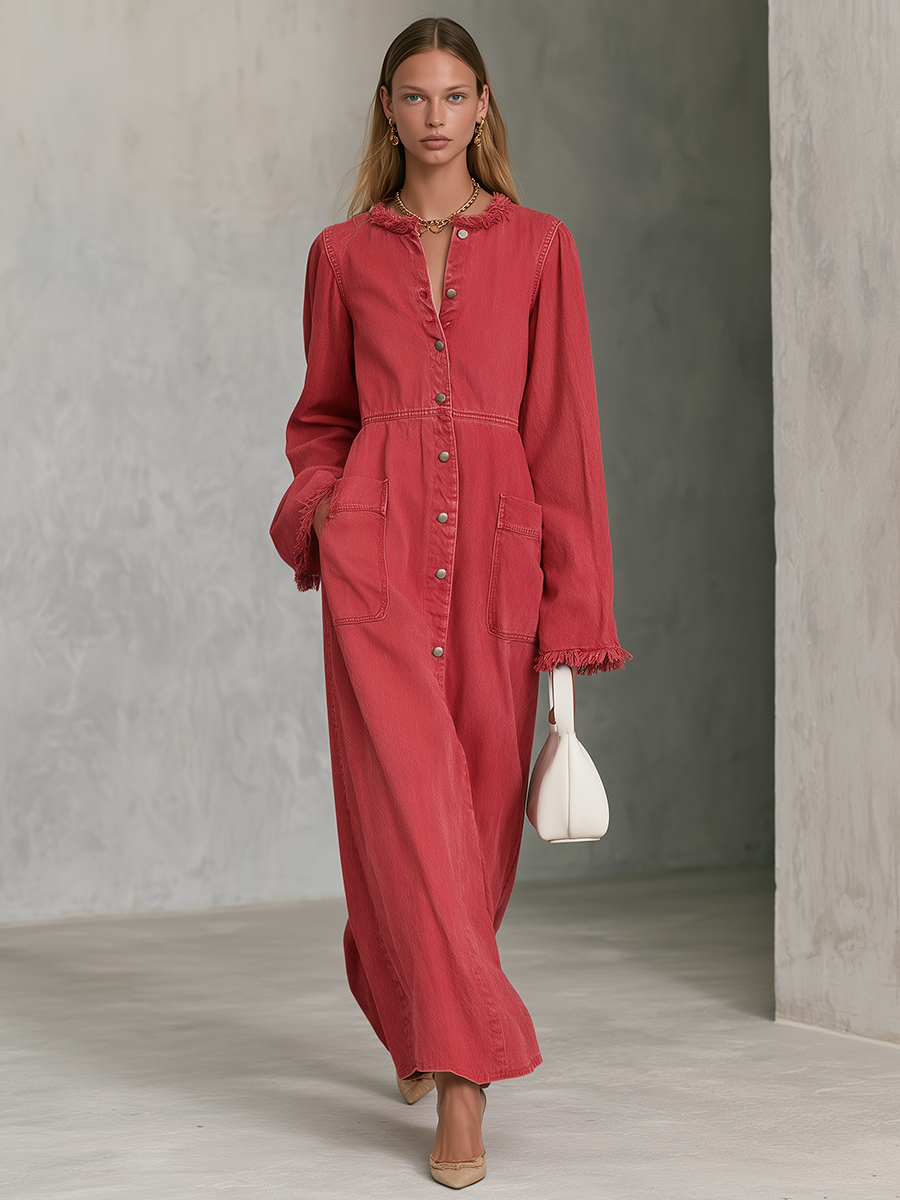 Coral Linen Maxi Shirt Dress Button Front Pocket Long Dress