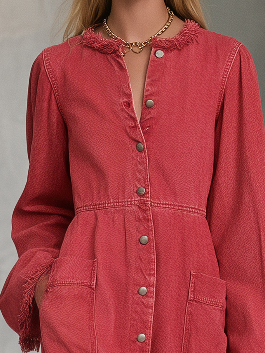 Coral Linen Maxi Shirt Dress Button Front Pocket Long Dress
