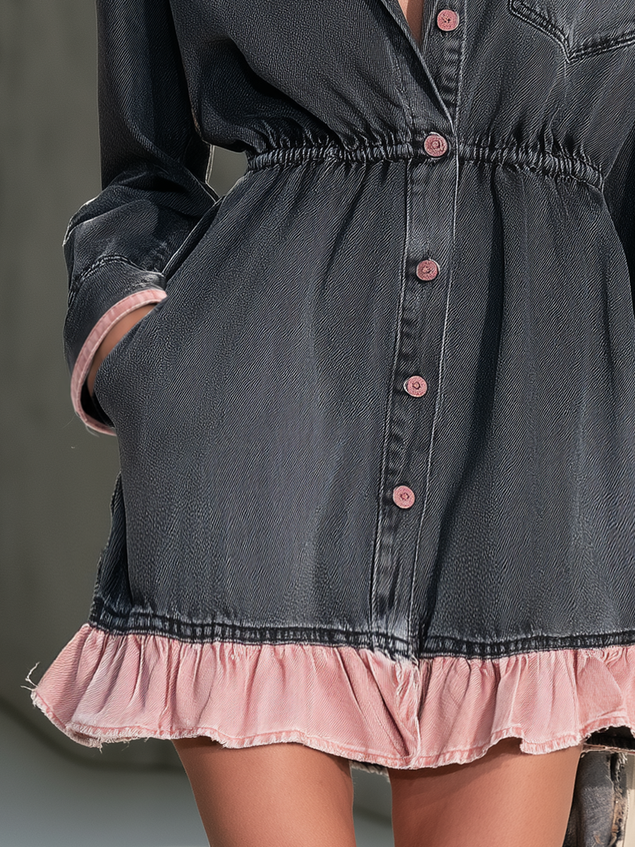 Black Denim Shirt Dress Pink Ruffle Hem Elastic Waist Tunic