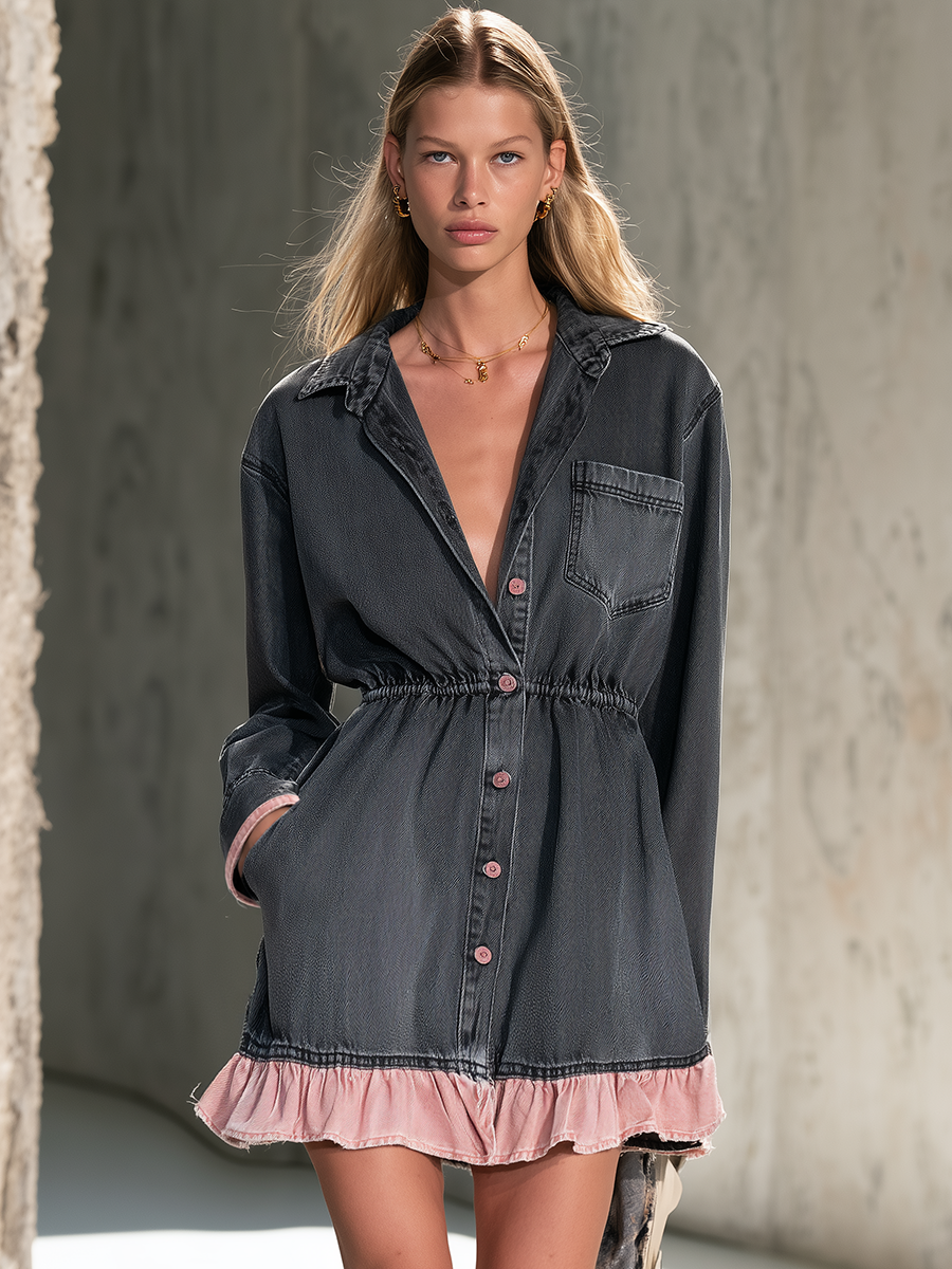 Black Denim Shirt Dress Pink Ruffle Hem Elastic Waist Tunic