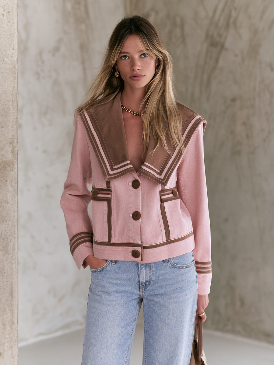 Pink sailor collar denim brown color-blocked jacket