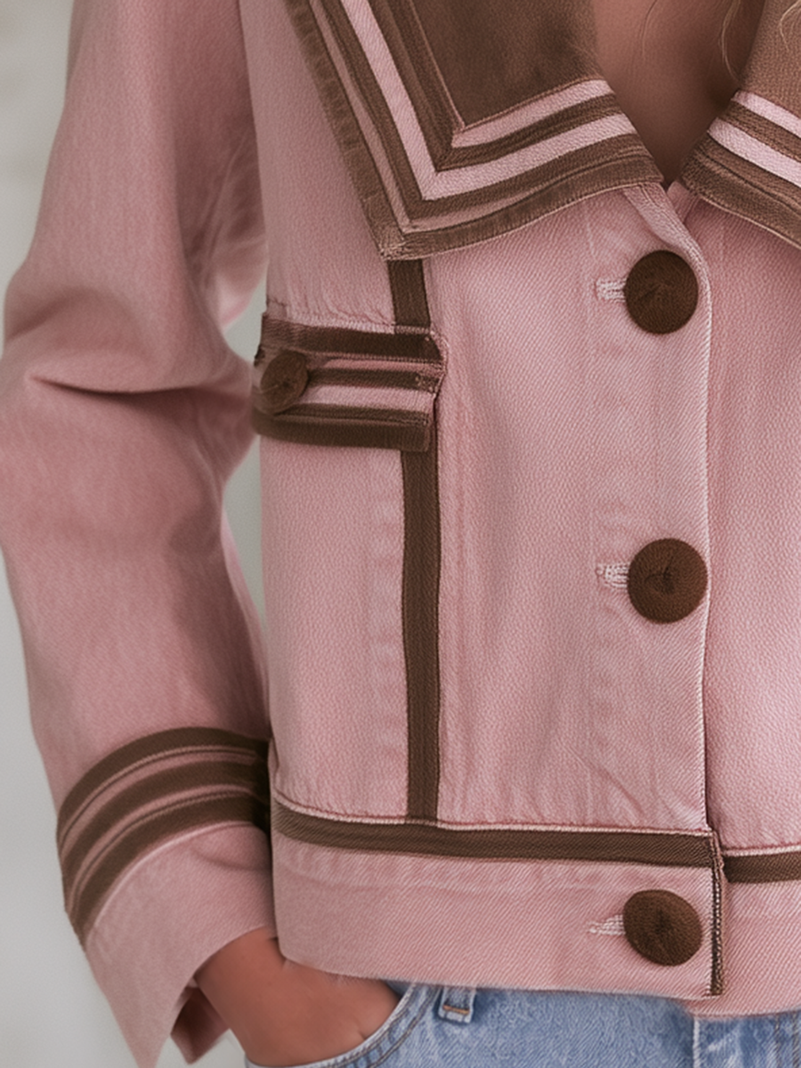 Pink sailor collar denim brown color-blocked jacket