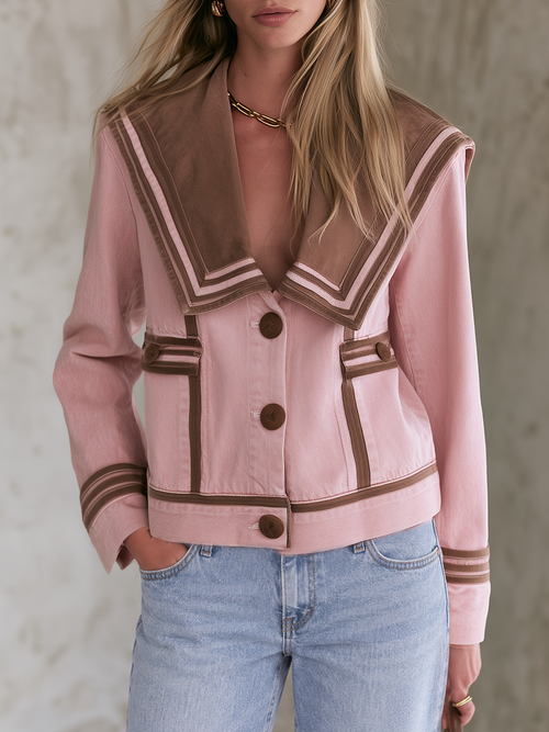 Pink sailor collar denim brown color-blocked jacket