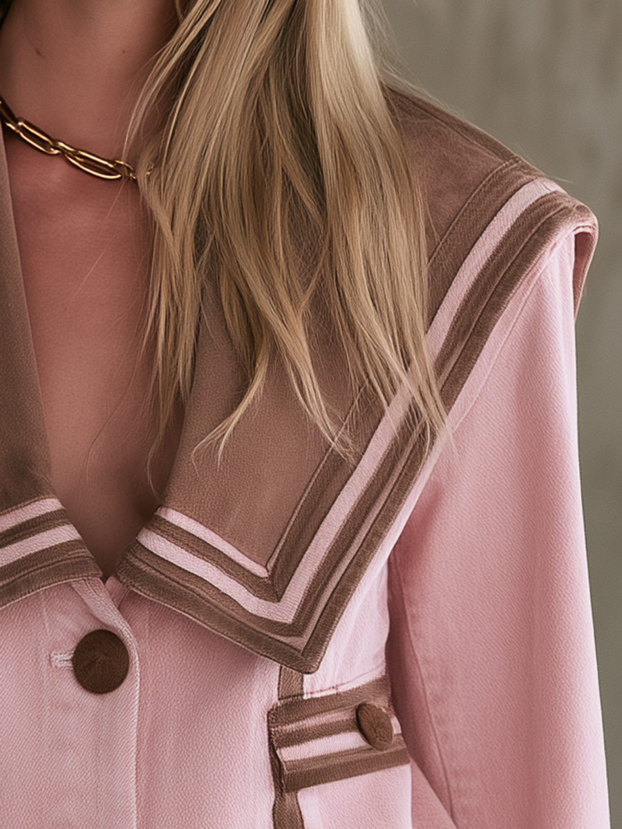 Pink sailor collar denim brown color-blocked jacket