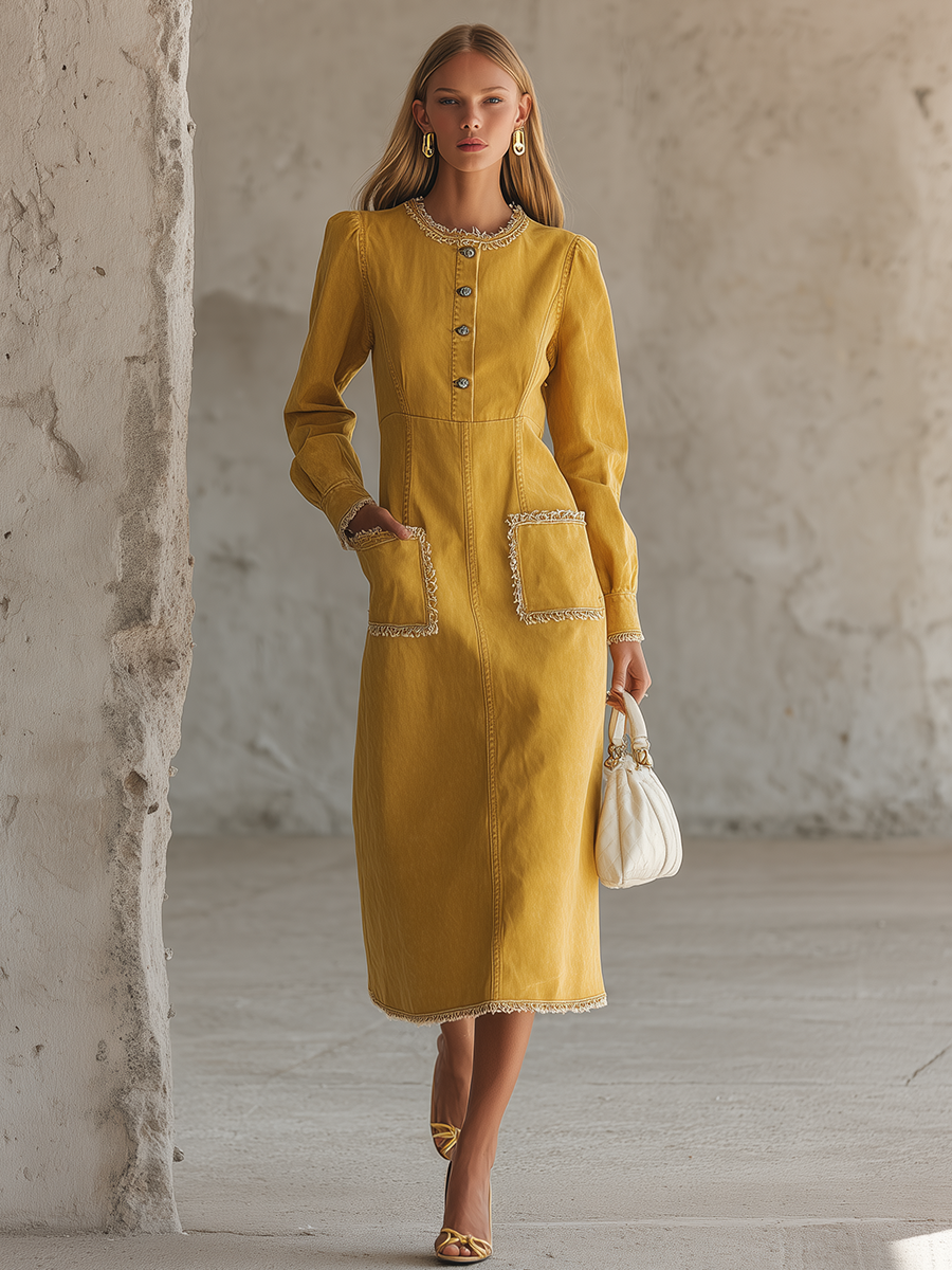 Mustard Utility Maxi Dress Button Front Patch Pocket Long Dress